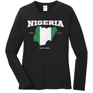 Nigeria Flag And Map Nigerian Coordinates Ladies Long Sleeve Shirt