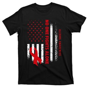 Nobody Fights Alcohol Alone USA Flag Red Ribbon T-Shirt