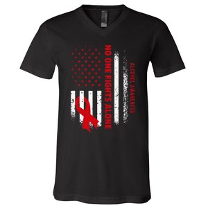 Nobody Fights Alcohol Alone USA Flag Red Ribbon V-Neck T-Shirt