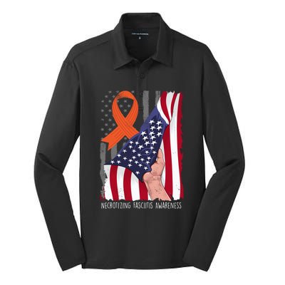 Necrotizing Fasciitis Awareness American Flag Orange Ribbon Gift Silk Touch Performance Long Sleeve Polo