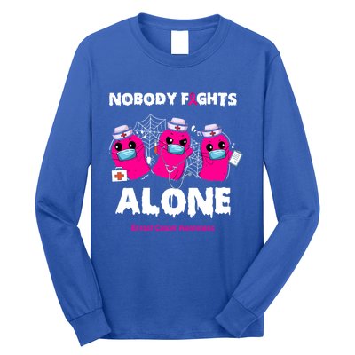 Nobody Fights Alone Boo Ghost Nurse Breast Cancer Scrub Gift Long Sleeve Shirt