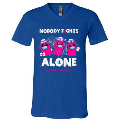 Nobody Fights Alone Boo Ghost Nurse Breast Cancer Scrub Gift V-Neck T-Shirt