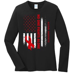 Nobody Fights Alcohol Alone USA Flag Red Ribbon Ladies Long Sleeve Shirt