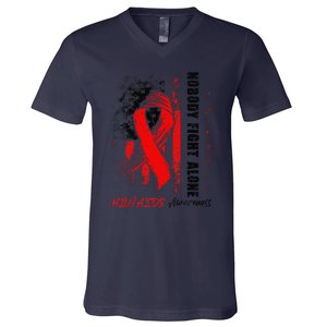 Nobody Fights Alone Hiv Aids Awareness Red Ribbon Supporter V-Neck T-Shirt