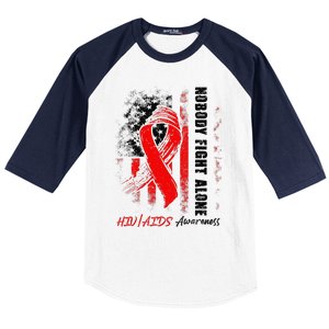 Nobody Fights Alone Hiv Aids Awareness Red Ribbon Supporter Baseball Sleeve Shirt