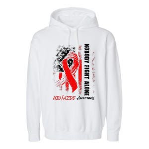 Nobody Fights Alone Hiv Aids Awareness Red Ribbon Supporter Garment-Dyed Fleece Hoodie