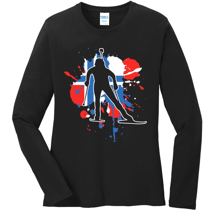 Norway Flag Biathlonist Norwegian Biathlon Ladies Long Sleeve Shirt