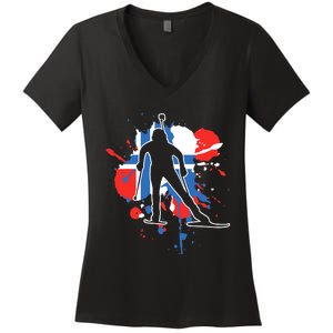 Norway Flag Biathlonist Norwegian Biathlon Women's V-Neck T-Shirt