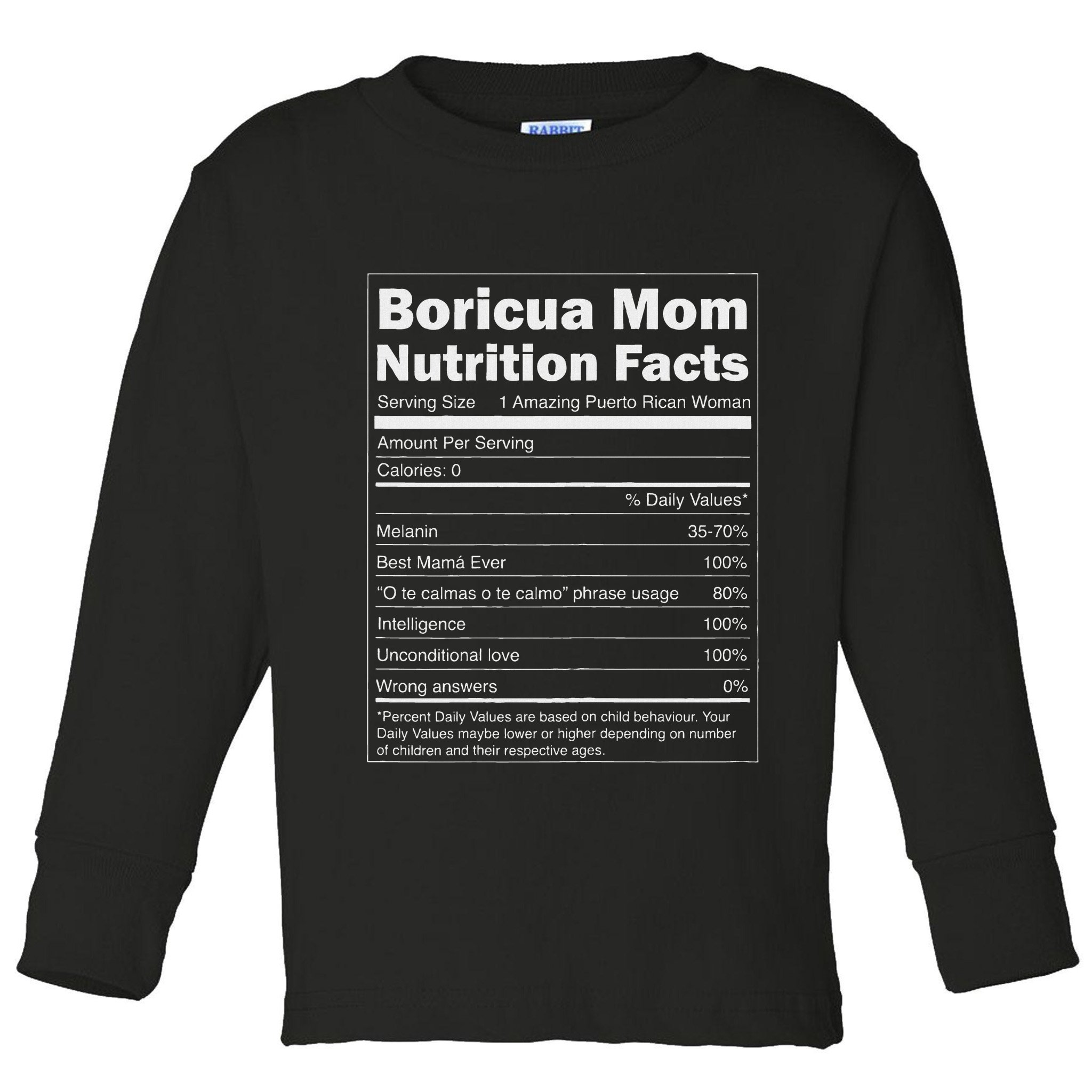 Nutrition Facts Boricua Mom Funny Puerto Rico Toddler Long Sleeve Shirt