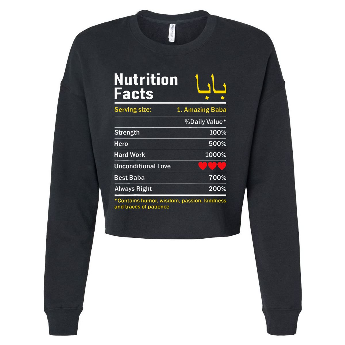 Nutrition Facts Baba Persian Grandfather Grandpa Grandad Cropped Pullover Crew