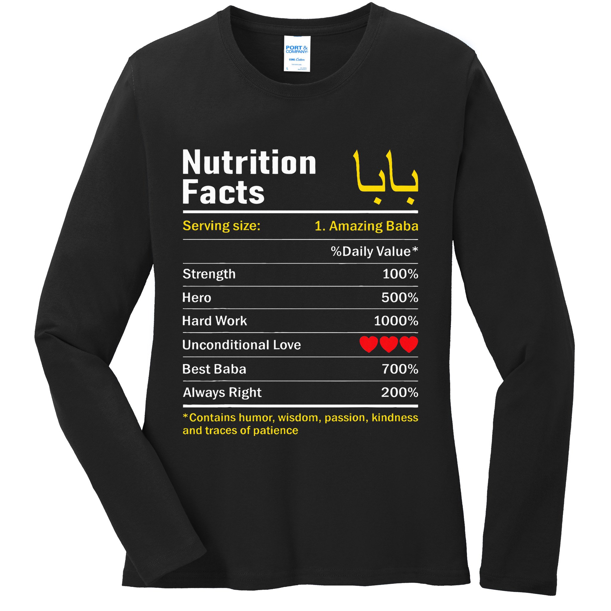 Nutrition Facts Baba Persian Grandfather Grandpa Grandad Ladies Long Sleeve Shirt