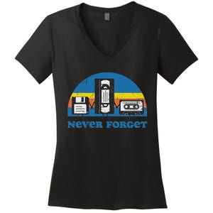 Never Forget Cassette Tape Vhs Gamer Old School Women's V-Neck T-Shirt