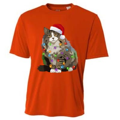 Norwegian Forest Cat Christmas Lights Xmas Cat Lover Gift Cooling Performance Crew T-Shirt