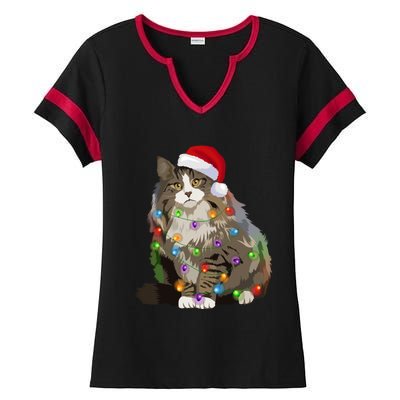 Norwegian Forest Cat Christmas Lights Xmas Cat Lover Gift Ladies Halftime Notch Neck Tee