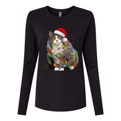 Norwegian Forest Cat Christmas Lights Xmas Cat Lover Gift Womens Cotton Relaxed Long Sleeve T-Shirt