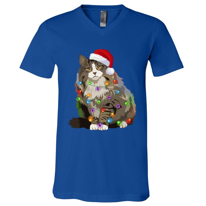 Norwegian Forest Cat Christmas Lights Xmas Cat Lover Gift V-Neck T-Shirt