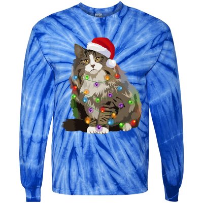 Norwegian Forest Cat Christmas Lights Xmas Cat Lover Gift Tie-Dye Long Sleeve Shirt