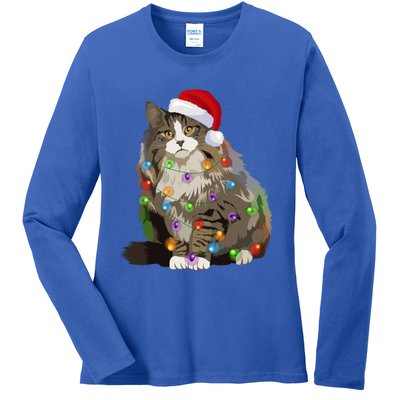 Norwegian Forest Cat Christmas Lights Xmas Cat Lover Gift Ladies Long Sleeve Shirt