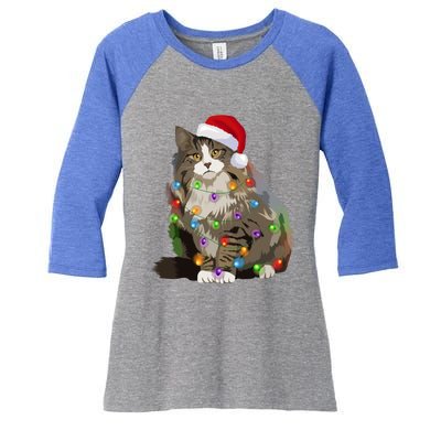 Norwegian Forest Cat Christmas Lights Xmas Cat Lover Gift Women's Tri-Blend 3/4-Sleeve Raglan Shirt