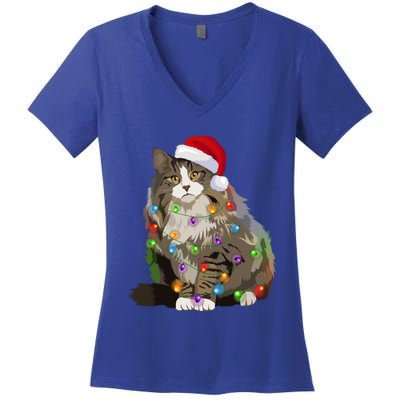 Norwegian Forest Cat Christmas Lights Xmas Cat Lover Gift Women's V-Neck T-Shirt