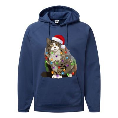 Norwegian Forest Cat Christmas Lights Xmas Cat Lover Gift Performance Fleece Hoodie