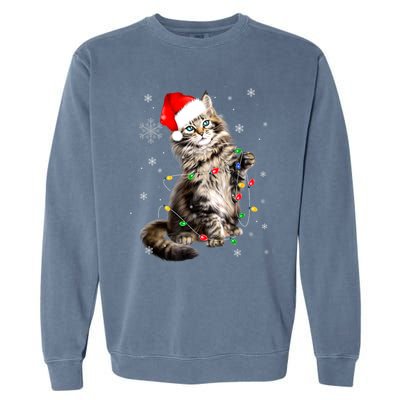 Norwegian Forest Cat Christmas Lights Xmas Cat Lover Funny Gift Garment-Dyed Sweatshirt