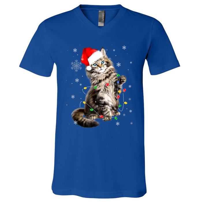 Norwegian Forest Cat Christmas Lights Xmas Cat Lover Funny Gift V-Neck T-Shirt