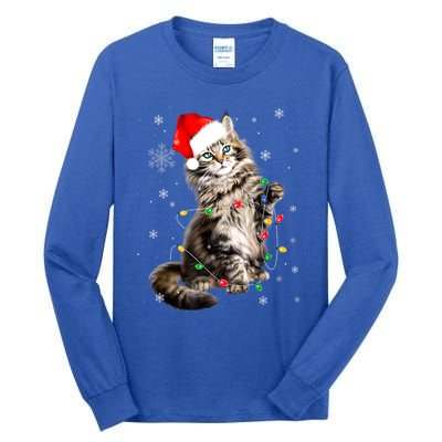 Norwegian Forest Cat Christmas Lights Xmas Cat Lover Funny Gift Tall Long Sleeve T-Shirt