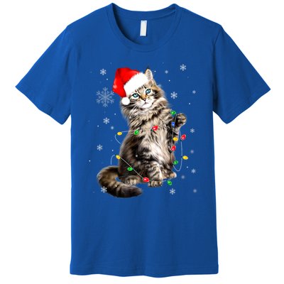 Norwegian Forest Cat Christmas Lights Xmas Cat Lover Funny Gift Premium T-Shirt