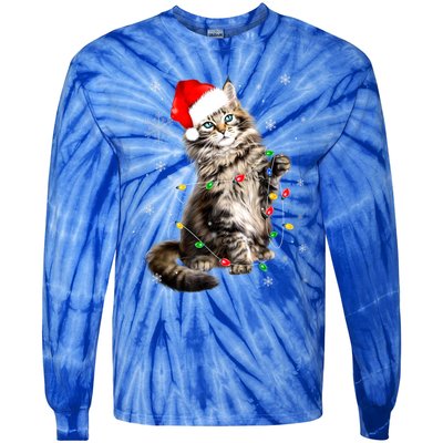 Norwegian Forest Cat Christmas Lights Xmas Cat Lover Funny Gift Tie-Dye Long Sleeve Shirt