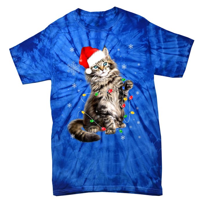 Norwegian Forest Cat Christmas Lights Xmas Cat Lover Funny Gift Tie-Dye T-Shirt