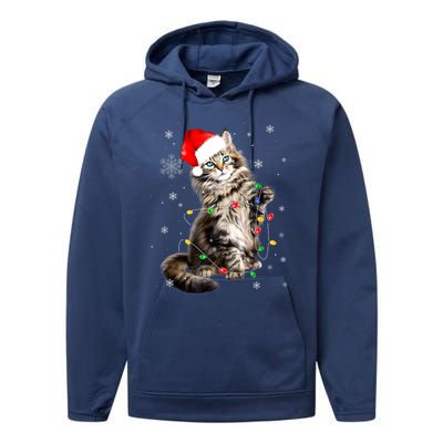 Norwegian Forest Cat Christmas Lights Xmas Cat Lover Funny Gift Performance Fleece Hoodie