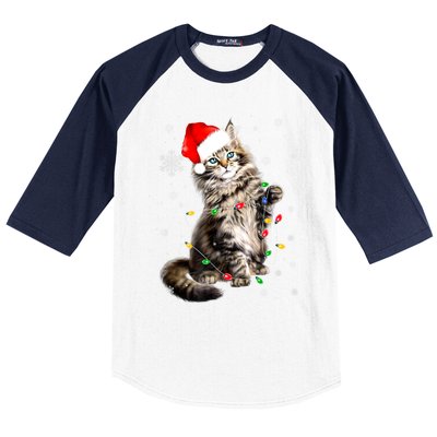 Norwegian Forest Cat Christmas Lights Xmas Cat Lover Funny Gift Baseball Sleeve Shirt