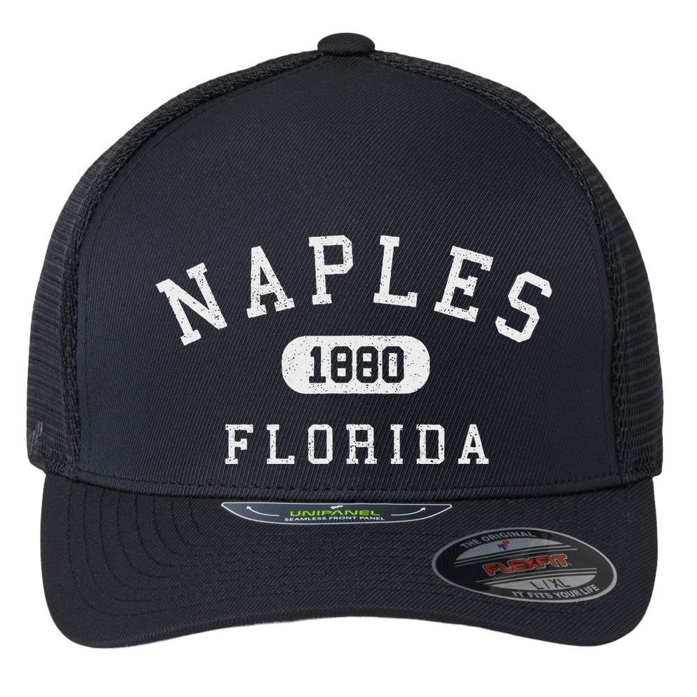 Naples Florida Est 1880 Varsity Arched Text Flexfit Unipanel Trucker Cap