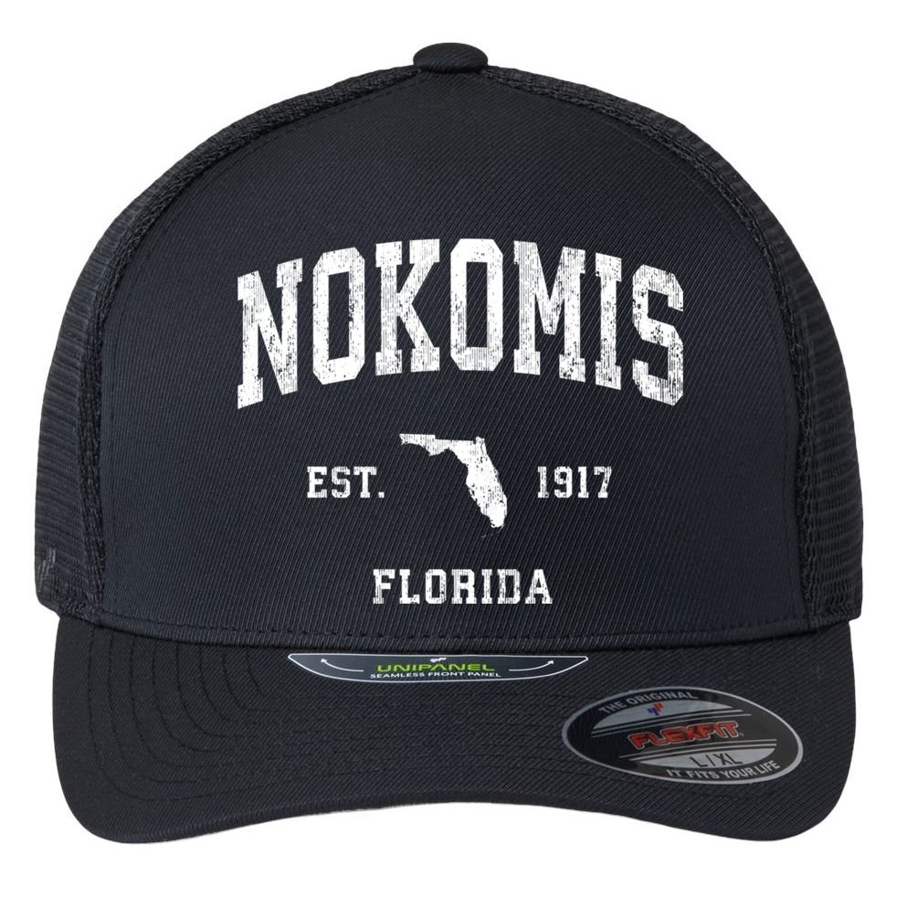 Nokomis Florida Fl Vintage Established Athletic Sports Design Flexfit Unipanel Trucker Cap