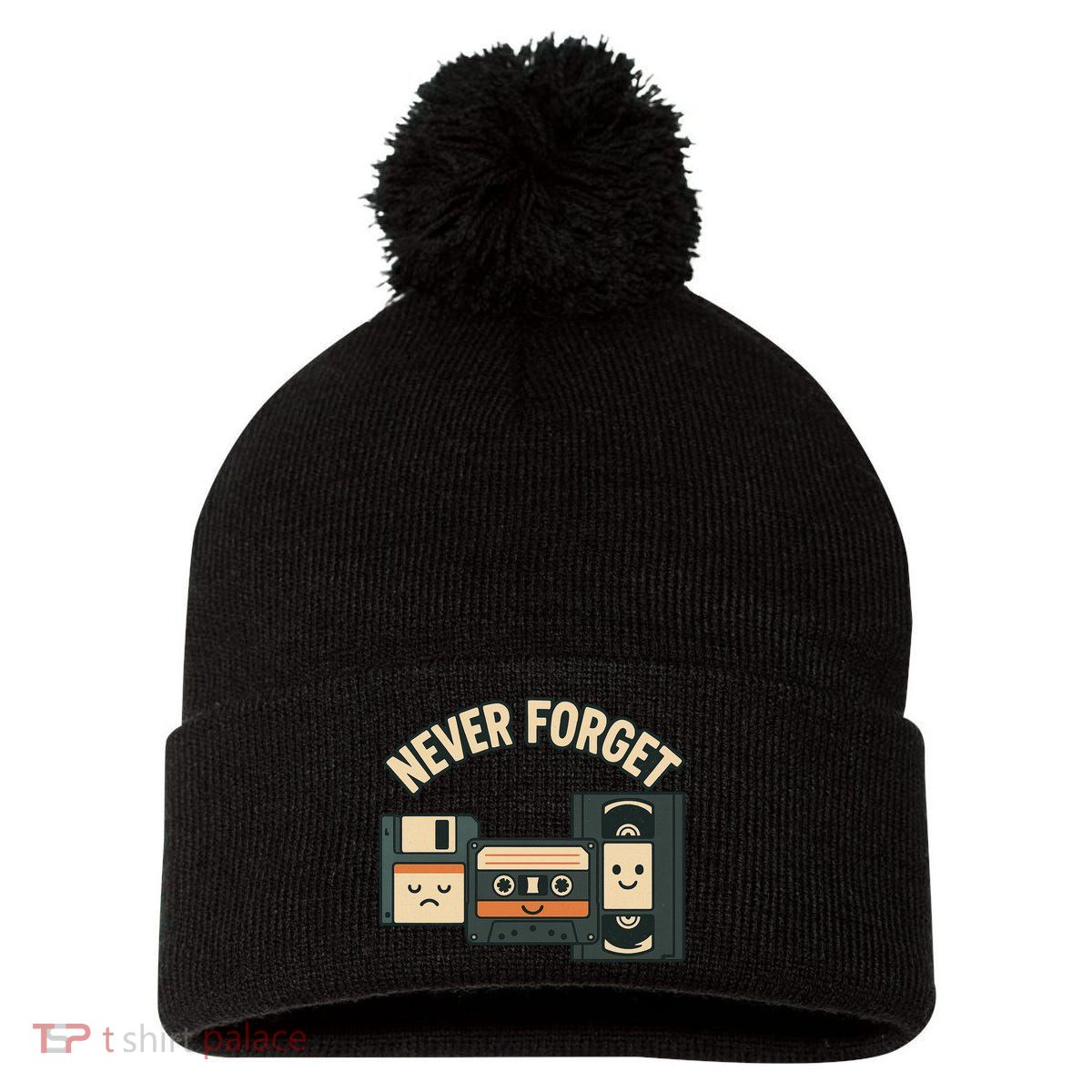 Never Forget Funny Vintage Cassette Floppy Disk VHS Tape Pom Pom 12in Knit Beanie