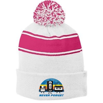 Never Forget Funny Retro Vintage Vhs Cassette Floppy Disk Stripe Pom Pom Beanie