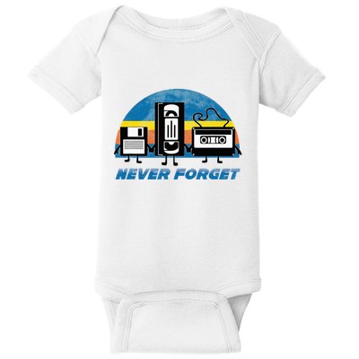 Never Forget Funny Retro Vintage Vhs Cassette Floppy Disk Baby Bodysuit