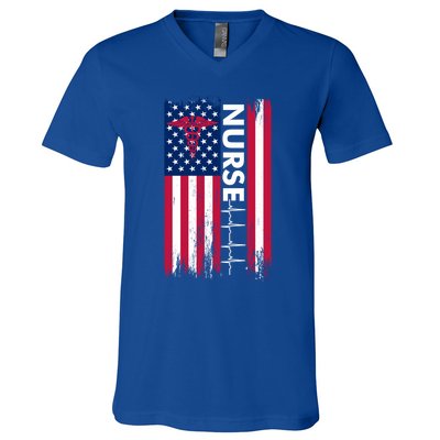 Nurse Flag Heartbeat Line Usa American Heroes Nurses Funny Gift V-Neck T-Shirt