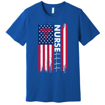 Nurse Flag Heartbeat Line Usa American Heroes Nurses Funny Gift Premium T-Shirt