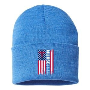 Nurse Flag Heartbeat Line Usa American Heroes Nurses Funny Gift Sustainable Knit Beanie