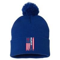 Nurse Flag Heartbeat Line Usa American Heroes Nurses Funny Gift Pom Pom 12in Knit Beanie