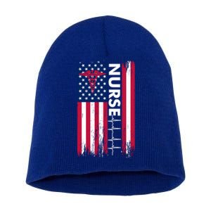 Nurse Flag Heartbeat Line Usa American Heroes Nurses Funny Gift Short Acrylic Beanie