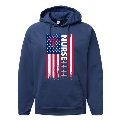 Nurse Flag Heartbeat Line Usa American Heroes Nurses Funny Gift Performance Fleece Hoodie