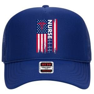 Nurse Flag Heartbeat Line Usa American Heroes Nurses Funny Gift High Crown Mesh Back Trucker Hat