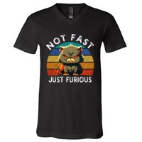 Not Fast Just Furious Retro Funny Cat Kitty Lover Sarcastic V-Neck T-Shirt