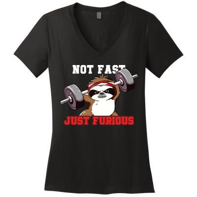Not Fast Just Furious Weightlifting Sloth Funny Fitness Women's V-Neck T-Shirt