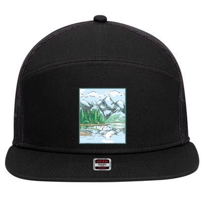 Nature Forest Lake Mountain Landscape 7 Panel Mesh Trucker Snapback Hat