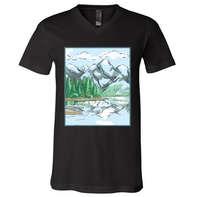 Nature Forest Lake Mountain Landscape V-Neck T-Shirt