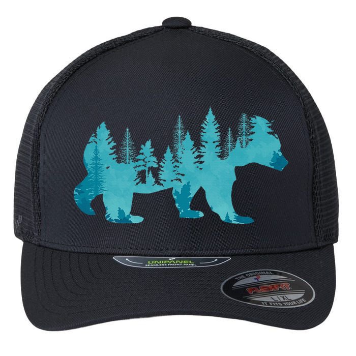 Nature Forest Mountains Trees Wildlife Animal Brown Bear Flexfit Unipanel Trucker Cap